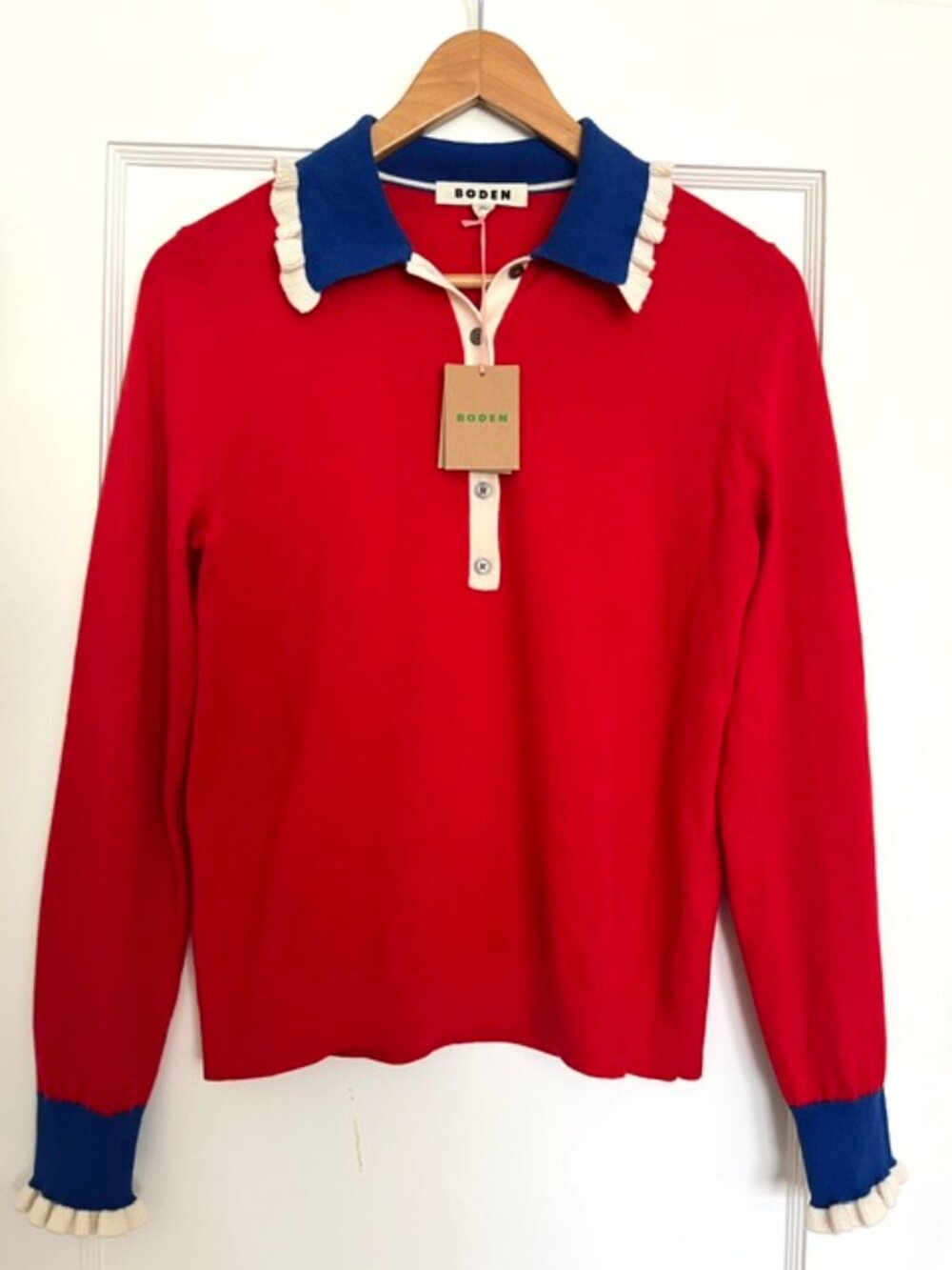 NWT Boden Scarlet Colourblock Frill Sweater | Size Medium - Picture 3 of 11
